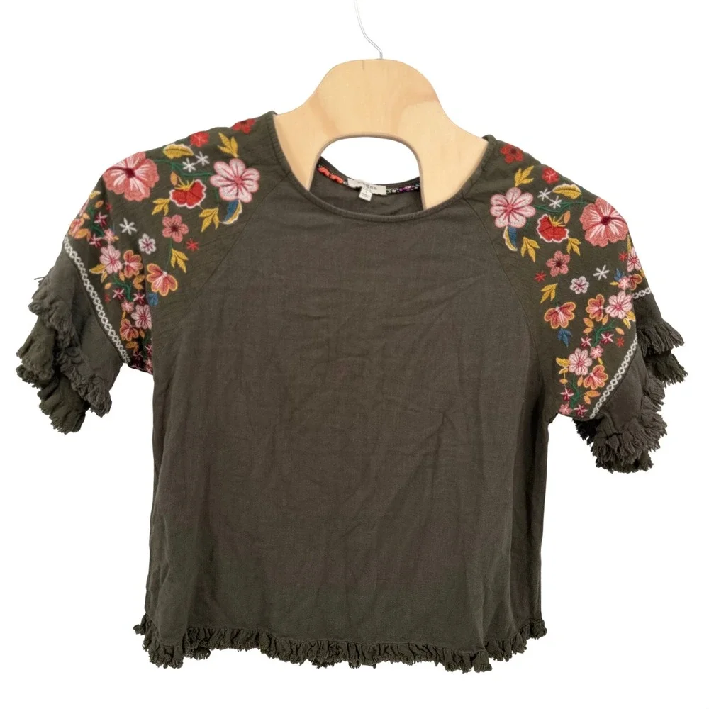 Umgee Womens L Top Shirt Olive Green Floral Embroidered Linen Blend Fringe - Picture 1 of 7
